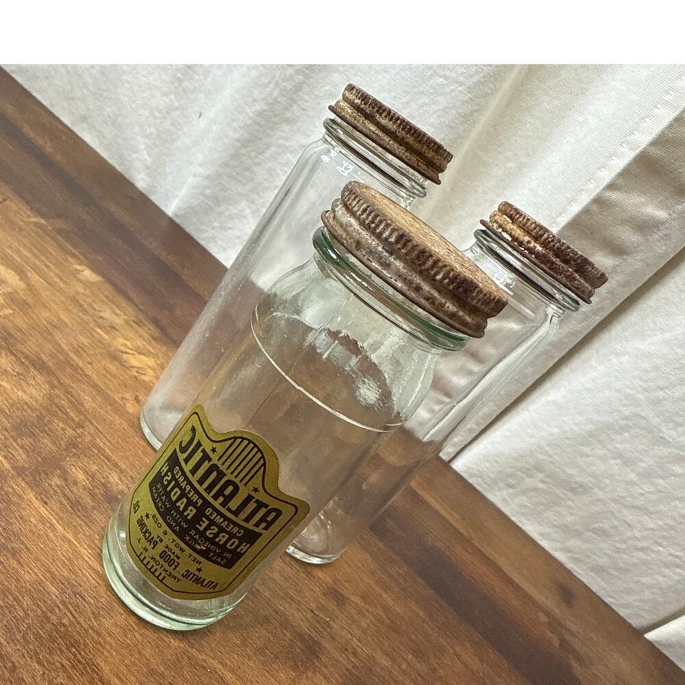 Vintage Atlantic Horseradish Condiment Glass Apothecary Spice Jars With Lids